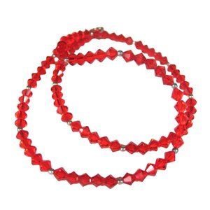Red  Beaded Necklace 16 inch Silvertone Facet Plastic Strand Jewelry Vintage